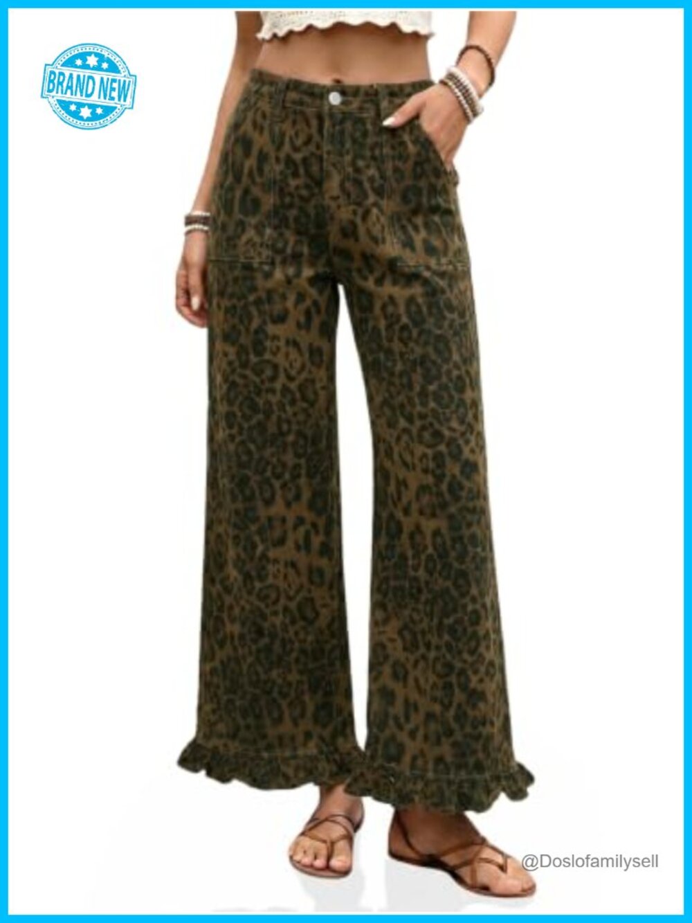 Cropped Ruffle Hem High Waisted Baggy Wide Leg Jeans Cotton Elastane
